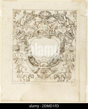 Grotesque Design, charbon de bois, stylo et encre sur papier, Strapawork cadre un ovale central vierge. En dessous, deux putti s'inclinent sur les rouleaux et les chiens flanquent un masque de lion central. Sur les côtés se trouvent des trophées musicaux, des oiseaux et des figures fantastiques à moitié humaines., Italie, 1600–1625, ornement, dessin Banque D'Images