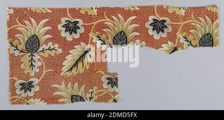 Textile, Medium: cotton Technique: relief printed, colored ground, Heavy cotton printed in red, yellow and black. Background is red with an allover net design in yellow. Leaves in yellow and black with a variety of picotage., England, early 19th century, printed, dyed & painted textiles, Textile Stock Photo