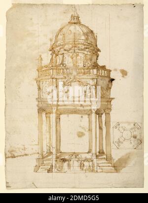 Design pour une catafalque, Unknown, crayon rouge, stylo et encre noire, pinceau et lavage sur papier, dessin d'élévation et plan. Un pavillon octogonal, auquel les escaliers mènent sur les côtés obliques. Plafond droit et entablature. Un grenier, pour la décoration dont des suggestions alternatives sont faites. Les statues se trouvent sur le côté gauche d'une balustrade, devant le tambour d'un dôme. Sur le verso: Croquis de plume; un plan, un motif pour la base., Bologna ou Ferrara, Italie, après 1630, architecture, dessin Banque D'Images