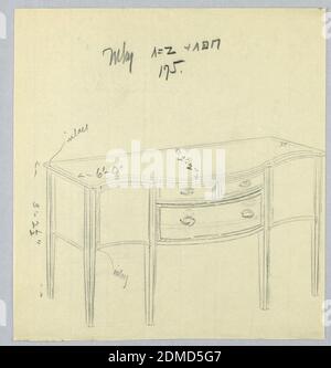 Conception pour panneau latéral avec Serpentine Front et six pieds, A.N. Davenport Co., Graphite sur papier crème fin, panneau latéral rectangulaire avec avant en serpentin sur six pieds coniques droits; section centrale convexe de l'avant a trois tiroirs: Deux plus petits en haut d'un plus grand, chacun avec une traction ronde., 1900–05, mobilier, dessin Banque D'Images