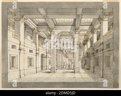 Stage Design, Palace Interior, stylo et encre brune, pinceau et sépia laver sur papier, rectangle horizontal. Intérieur de la salle de palais vers le côté court, ici les escaliers mènent vers le haut aux galeries courant sous le plafond des deux côtés longs., Italie, 1815, théâtre, dessin Banque D'Images