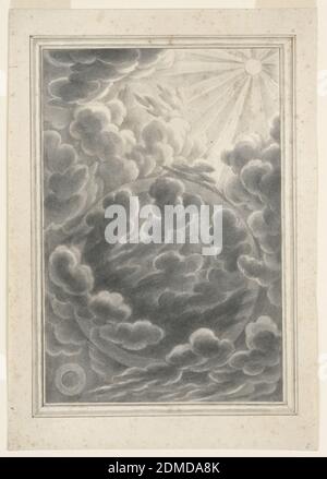 Etude pour la création de la lumière, planche 3, Physica Sacra, Johann Melchior Füssli, Suisse, 1677–1736, Christian Ulrich Wagner, allemand, 1686–1763, pinceau et gris, lavage noir, goauche blanc, stylo et encre brune sur papier crème, scène illustrant la création de lumière, avec un soleil aux rayons prolongés qui brillent depuis le coin supérieur droit. La lumière du soleil brise la multitude de nuages gris, qui apparaissent devant une grande structure circulaire, représentant peut-être la terre. Une petite structure circulaire apparaît dans le coin inférieur gauche., Zurich, Suisse, avant 1731, paysages, dessin Banque D'Images