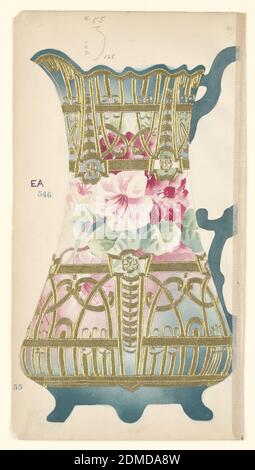 Design pour une égout, pinceau et aquarelle, blanc, gouache d'or, graphite sur papier crème, brochette à pied avec poignée incurvée coupée décorée de pivoines roses (fleurs), feuilles vertes sous latte d'or., Japon, 1880–1910, dessins de vaisselle, dessin Banque D'Images