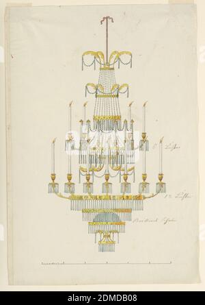 Design pour lustre, stylo et encre noire, pinceau et aquarelle, graphite sur papier, rectangle vertical. Design pour un lustre, suspendu sur un cordon. Destiné à dix-huit bougies allumées ; onze sont illustrées, six sont maintenues par des bras fixés à un anneau supérieur, et d'autres de la même manière par un anneau inférieur. Sur les bords de l'anneau supérieur, se tenir six prises avec bougies en verre. Trois autres anneaux sont au-dessus et en dessous; l'un des derniers soutient un bol en verre diamant debout. Beaucoup de gouttes et chaînes de verre., Autriche, ca. 1830, éclairage, dessin Banque D'Images