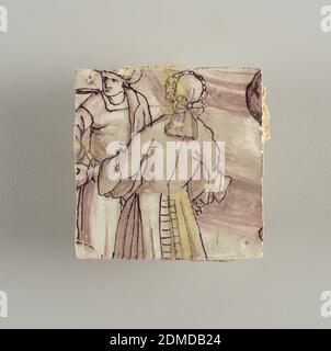 Carrelage, faïence émaillée, sous-vernis, partie de panneau rectangulaire horizontal de plusieurs carreaux; cadre légèrement marbelisé en haut et sur les côtés, arrondi aux coins. Scène de port d'époque en violet foncé (manganèse) sur un sol blanc, montrant des objets ancrés et attachés en arrière-plan, des chameaux et des figures humaines en premier plan, des arbres, à droite et à gauche, une partie d'une porte à gauche., peut-être Rotterdam, Hollande, peut-être Delft, pays-Bas, ca. 1725, carreaux, Arts décoratifs, carreaux Banque D'Images