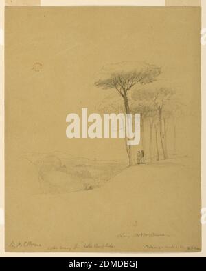 En provenance de Villa Pamphili, Henry Kirke Brown, américain, 1814–1886, Graphite sur papier brun clair, vue lointaine d'une colline avec un groupe de pins parapluie et avec un couple regardant vers le pays boisé au loin, à gauche. Montagnes et collines au-delà., Etats-Unis, 1er mars 1844, paysages, dessin Banque D'Images