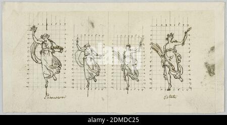 Design pour deux statues, printemps et été, Pietro Belli, italien, 1780–1828, stylo et encre, graphite sur papier, rectangle horizontal. Modèles pour deux statues, 'Spring' et 'Summer', comme illustré dans la 1938-88-653, chacune montrée deux fois dans différentes tailles, à plus grande échelle à l'extérieur et à plus petite échelle à l'intérieur. Le printemps est à gauche et tient un basekt de fleurs dans son bras gauche et un bouquet de fleurs dans sa droite. L'été à droite tient le grain. Chaque dessin est carré et les lignes numérotées jusqu'à 8 et 14, respectivement., Rome, Italie, début du XIXe siècle, sculpture, dessin Banque D'Images