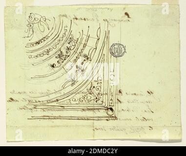 Design pour un quart de plafond, Felice Giani, italien, 1758–1823, encre stylo et brune, traces de graphite sur papier vert clair., rectangle vertical : un quart. Bordure extérieure de cadrage, dans laquelle des cercles sont insérés. Dans le coin est panneau avec debout et femme ailé entre les reneaux. Le cercle central avec les figures est entouré de bandes avec des décorations, l'extérieur a le motif de tente. Verso: Horizontalement, début du projet: 'Eminenza Reverendissima/ il Canonico Don Andrea Mancini del Aquila avendo aquistato alcuni quadretti desidera portarli alla/ SUA Patria onde Suplia l'Eminenza Vostra Banque D'Images