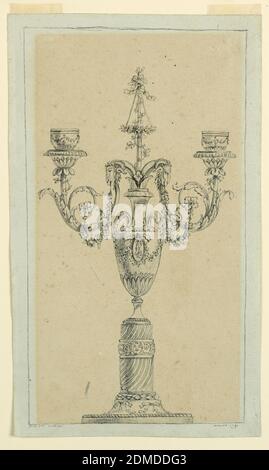 Projet pour un candélabre, stylo et encre, pinceau et lavage, sur papier., UN vase avec deux poignées debout sur un socle. Deux des trois bras prévus sont montrés émergent du vase. Les têtes de RAM sont appliquées près de leurs extrémités supérieures à partir desquelles les festons main vers les spirales. Un mât décoré de fleurs s'élève sur les lignes de cadrage supérieures., Paris, France, 1791, dessin Banque D'Images