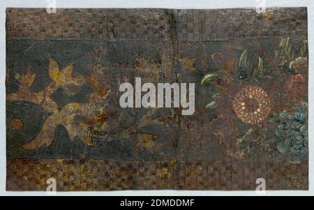 Border, Leather, stamped, silvered, painted, Wide central band of floral and foliate motif. On either side are bands of a checkerboard pattern, embossed and gilded., Holland, ca. 1700, Wallcoverings, Border Stock Photo