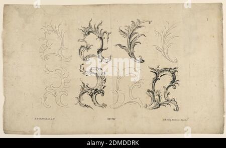 Rocaille motif, de l'ensemble n° 76, Franz Xaver Habermann, allemand, n. Pologne, 1721–1796, Johann Georg Hertel, allemand, env. 1700–1776, décapage sur papier, planche 4. Quatre motifs et leurs schémas, disposés en deux rangées., Augsbourg, Allemagne, 1750-1770, Imprimer Banque D'Images