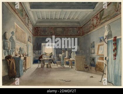 Un studio dans la Villa Medici, Rome, Brush et aquarelle avec raclage pour les temps forts sur papier vélin blanc, les artistes français qui ont remporté le Prix de Rome ont été donnés des studios dans lesquels vivre et travailler pendant leur temps passé à Rome. L'Académie de France a occupé la Villa Medici sur Monte Pincio à partir de 1803. Trois artistes sont vus dans cette salle, qui est peu meublée avec des chaises simples en bois, des tables de travail et des supports de travail. Les lits pliants, qui auraient été mis en place la nuit, étaient probablement rangés dans la journée derrière le rideau rayé bleu au premier plan droit. Banque D'Images