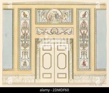 Paroi latérale avec porte, Frederick Crace, anglais, 1779–1859, stylo et encre noire et aquarelles sur papier vélin, élévation d'un mur avec double portes au centre. Panneaux bleus avec motifs classiques au-dessus et de chaque côté., 1815–22, intérieurs, dessin Banque D'Images