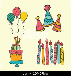 Jeu créatif d'objets de dessin animé et de symboles dessinés à la main lors de la fête d'anniversaire. Créez une carte de vœux et une invitation à un mariage, Illustration de Vecteur