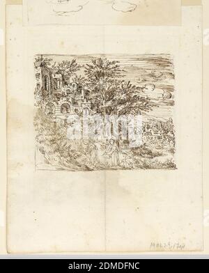 Paysage; verso: Design grotesque, charbon de bois, stylo et encre sur papier, deux femmes sur un mur avec des marches menant à des maisons construites sur une colline. À droite, vue sur une vallée. Verso: Strapone avec des singes et un casque., Italie, début du XVIIe siècle, paysages, dessin Banque D'Images