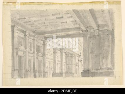 Scène Design, stylo et encre, encre lavage sur papier, esquisse en perspective de vestibule avec plafond cercueil, au-delà de laquelle est un grand hall avec plafond voûté., France, ca. 1760, dessin Banque D'Images