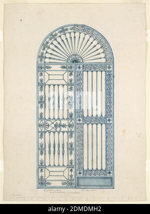 Conceptions alternatives pour une porte métallique, stylo et encre noire, brosse et lavage bleu, graphite sur papier vélin crème, piqué pour transfert, rectangle vertical. Une grille en fer voûtée divisée en trois sections : un panneau semi-circulaire au-dessus et deux feuilles verticales au-dessous. La section semi-circulaire a une demi-rosace au centre inférieur avec des balusters qui rayonnent de lui comme des rayons d'une roue. Le groupe voûté de charpente montre un motif palmette répété dans la moitié gauche et un motif clé grecque dans la moitié droite. Ces motifs sont respectivement utilisés dans les bordures de charpente des feuilles gauche et droite. Banque D'Images