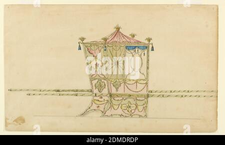 Design pour une chaise de berline, stylo et encre noire, aquarelles, et traces de charchoal sur papier, montré à partir du coin arrière droit avec deux barres. Le toit est en forme de tente. Des paniers sont installés sur le dessus et dans les coins. La fenêtre est divisée en cinq parties par des défilés. Le panneau à côté est principalement décoré par des guirlandes distribuées comme des pointes d'une coquille autour d'un disque. Le panneau supérieur à l'arrière est décoré d'ovales dépolies. Une couronne de baron est dans le centre. Les panneaux latéraux inférieurs sont décorés de façon symétrique. Dans la partie gauche de la partie supérieure se trouve un escutcheon avec un monogramme Banque D'Images