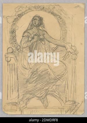 Motif pour le design décoratif, Walter Shirlaw, américain, b. Écosse, 1838–1909, Graphite sur papier, UNE femme, représentée de l'avant, assise devant une fenêtre circulaire., États-Unis, 1875–80, figures, dessin Banque D'Images