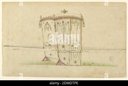 Design pour une chaise de berline, stylo et encre noire ; aquarelle rouge, vert jaune et gris sur graphite sur carton épais et texturé crème, vue de trois quarts d'une chaise de berline avec petites touches contenant oiseau et cupid, et médaillons circulaires avec des chicots en chaîne. Les glands pendent aux coins de la ligne de toit et une urne drapée de swag couronne le toit., Londres, Angleterre, ca. 1775, transport, dessin Banque D'Images