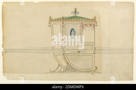 Design pour une chaise de berline, stylo et encre, pinceau et différentes aquarelles sur papier, illustré à partir du coin arrière droit avec deux barres. Les panneaux sont décorés de cadres de guirlandes. Un médaillon ovoïde avec un Cupid est au centre du panneau à côté de la fenêtre. Les glands sont suspendus dans les coins et entre la fenêtre et le panneau voisin. En haut se trouve une usine d'ananas., Londres, Angleterre, CA. 1775, mobilier, dessin Banque D'Images