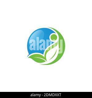 Dessin de concept de logo de vecteur humain de santé ronde avec feuilles et personnes. Signe du logo du personnage humain. Logo Healthcare. Logo de la nature. Illustration de Vecteur