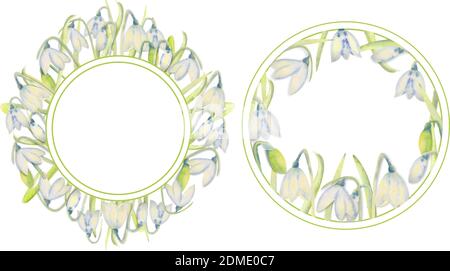 Set of romantic spring frames with snowdrops on the outer and inner edges on a white isolated background. Round frames Watercolor painting. Stock Vector