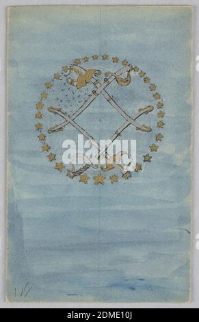 Design pour une couverture de livre, Alice Cordelia Morse, américaine, 1863–1961, pinceau et gouache, aquarelle sur papier, sur sol vert-bleu, quatre épées en blanc, entourées d'étoiles dorées., États-Unis, ca. 1887–1903, conception graphique, dessin Banque D'Images