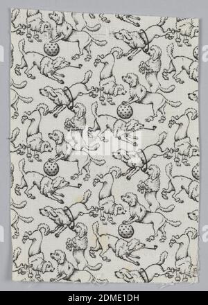 Sample, Medium: cotton Technique: printed on plain weave, Woven cotton printed in black on white ground showing a pattern of poodles in a variety of playful poses., USA, late 19th century, printed, dyed & painted textiles, Sample Stock Photo