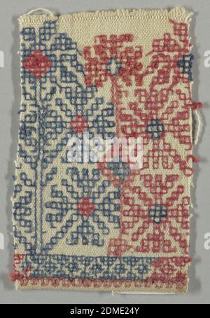 Textile, Moyen : broderie de coton sur une fondation en coton technique : broderie en double couture sur un tissage Uni, dessin de quatre fleurs stylisées disposées autour d'un bloc central, travaillé en rouge et bleu sur un sol blanc., Grèce, 19e siècle, broderie et couture, textile Banque D'Images
