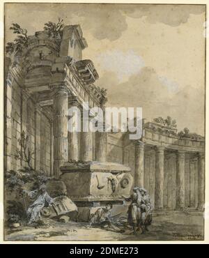 Figures près d'une Colonnade en ruines, Charles-Louis Clérisseau, Français, 1721 – 1820, stylo et encre noire, brosse et lavage brun et gris, gouache blanc sur papier blanc cassé, COURBES de colonnade en ruines du premier plan gauche au bas à droite. Au centre de la composition, un sarcophage décoré d'un crâne de vache sert de lieu de repos pour un groupe de voyageurs. En bas à droite, un groupe supplémentaire de figures a été ajouté avec des traits de plume., France, 1761, architecture, dessin Banque D'Images