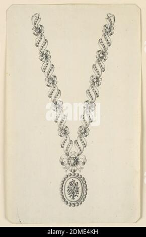 Design pour un collier, stylo et encre noire, pinceau et aquarelle grise sur papier, bijoux design pour un collier. Les parties de la chaîne se composent de trois bandes de bandes avec des rangées de perles entre elles, reliées par des nœuds. Suspendu d'un nœud, formant une partie de la chaîne, est un médaillon avec un bouquet de fleurs, encadré par une moulure avec une rangée extérieure de disques. Coins biseautés., probablement Naples, Italie du Sud, Italie, ca. 1780, bijoux, dessin Banque D'Images