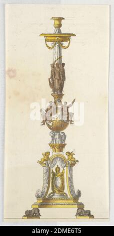 Design pour un Candlestick, Luigi Righetti, Italien, 1780 - 1819, encre stylo et sépia, pinceau et jaune, aquarelle marron-rouge, graphite sur papier, rectangle vertical. Conception pour un chandelier, la base soutenue par deux lions de cowering. La base a la forme d'une lanterne ouverte; en son centre, les armoiries du Pape Pie VII Deux chérubins lèvent des rideaux de drapery au-dessus. Sur elle une capitale décorée avec trois des signes des évangélistes--l'urne, le ballon, et l'aigle. Ils soutiennent un globe sur lequel la figure de Moïse et un autre prophète sont assis Banque D'Images