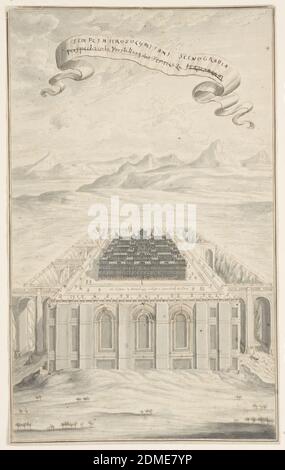 Etude pour le Temple de Jérusalem, planche 424, Physica Sacra, Johann Melchior Füssli, Suisse, 1677–1736, Christian Ulrich Wagner, allemand, 1686–1763, Brush et gris, stylo et encre brune sur papier crème, UN temple, dans une plus grande structure avec arches et colonnes carrées ou pilastres devant, occupe le premier plan. Le paysage le plus plat à l'avant est parsemé de quelques petits arbres. L'arrière-plan contient des montagnes et un grand ciel avec un rouleau flottant au centre qui se lit, "TEMPLI HIEROSOLYMITANI SCENOGRAPIA / Perspectivische Vorstellung des TEMPELS zu JERUSALEM". Banque D'Images