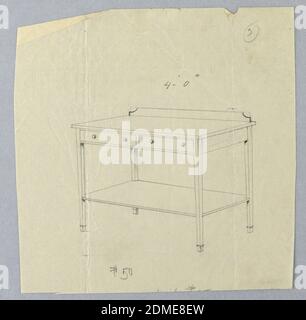 Conception pour table de service latérale avec deux tiroirs et tablette inférieure, A.N. Davenport Co., Graphite sur papier à écriture crème mince, surface rectangulaire et unité à deux tiroirs en haut avec éclaboussures à l'arrière reposant sur quatre pieds coniques droits. Cette unité de service a une étagère inférieure., 1900–05, mobilier, dessin Banque D'Images