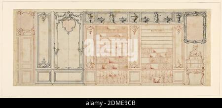 Design pour un mur de bibliothèque, stylo et encre noire et rouge, pinceau et gris et rose sur deux feuilles de papier blanc cousu, deux sections de bibliothèques sont divisées et flanquées de panneaux sculptés de la boiserie; à gauche, une porte et un panneau large et étroit, le plus large flanqué de sconces et décoré de festons sculptés et d'un miroir; à droite, bureau contenant une horloge et au-dessus, une image sculptée ou un cadre de miroir; sur les bibliothèques--statuaire, vases, et une carte-globe. Sur verso, croquis au crayon d'une table de console avec indications d'échelle., ca. 1740, intérieurs, dessin Banque D'Images