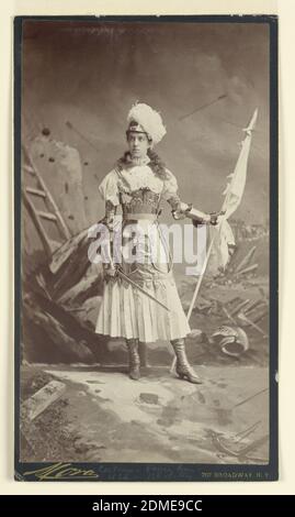 Mme Peter Cooper Hewitt dans Masqurade Costume, Photographie sur papier sensibilisé, la figure debout pleine longueur tourne légèrement vers la droite, porte une armure, porte une bannière dans sa main gauche, et a tiré une épée dans sa droite, sur fond de champ de bataille., New York, New York, États-Unis, ca. 1885, Figures, Photographie, Photographie Banque D'Images