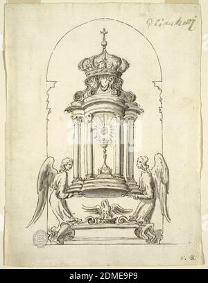 Conception d'une porte de Tabernacle à exécuter en bronze, G B C, stylo et encre brune, brosse et lavage gris, graphite sur papier, deux anges soutiennent un pavillon avec le calice et l'hôte, le toit est en forme de couronne. Entre les orties des anges, un siècle avec un cygne sur le dessus. Ci-dessous à droite L “NO 2” et un monogramme, “BC”. Ci-dessus dans une autre écriture, probablement de l'homme, faisant la commission: G. Ciacchetti, qui peut signifier sa signature ou le nom de l'artiste. Banque D'Images