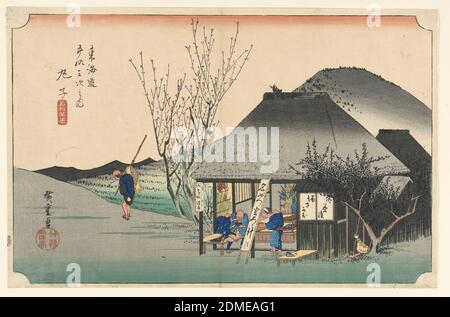 Mariko Teahouse, dans les cinquante-trois stations de la route Tokaido (Tokaido Gojulan Tsugi-no Uchi), Ando Hiroshige, japonais, 1797–1858, imprimé en bois sur papier, en bas à droite, salon de thé dans lequel deux voyageurs mangent, attendu par une femme avec bébé sur le dos. Derrière se trouve une colline et de chaque côté, des pruniers en fleurs. À gauche, le voyageur s'éloigne. Moitié inférieure, lignes horizontales d'ombrage vert., Japon, env. 1834, figures, Imprimer Banque D'Images