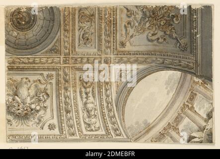 Projet pour un plafond oblong peint, encre stylo et marron, pinceau et lavage brun et gris sur papier, doublé de papier blanc épais texturé avec cadre lithogrphé et lignes géométriques avec stylo et encre noire sur graphite, conception pour un plafond. Plus d'un quart du plafond est illustré, vu de dessous. C'est une vue d'un plafond légèrement voûté avec des arches aux coins (une arche montrée, dans le coin inférieur gauche). Visible à travers l'arche est une vue d'une colonnade classique en ruines. Des poutres décorées encadrent les panneaux. Une coupole se trouve dans le panneau central. Banque D'Images