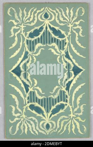 Design pour une couverture de livre, Alice Cordelia Morse, américaine, 1863–1961, pinceau et gouache sur papier, sur fond vert marin, dessin blanc et vert foncé; cartouche encadrée par une bordure à col ouvert bordée de vignes., Etats-Unis, ca. 1896, conception graphique, dessin Banque D'Images