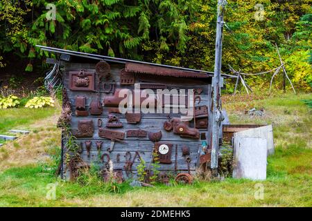 October 04, 2020 - Sandon, British Columbia, Canada: A collection of old  ruested relics from the past in the ghost town of Sandon, British Columbia, Stock Photo