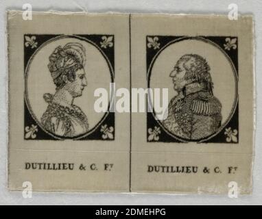 Textile, Dutillieu & Cie, Français, Moyen : technique de la soie : tissu double face avec velours supplémentaire découpé sur le visage, non coupé sur le dos, imprimé par déformation, deux portraits de profil, chacun dans un cadre ovale avec une fleur de lys à chaque coin. Femme dans un turban avec des pères, homme en perruque en poudre et uniforme militaire., Lyon, France, début du XIXe siècle, textiles imprimés, teints et peints, textile Banque D'Images