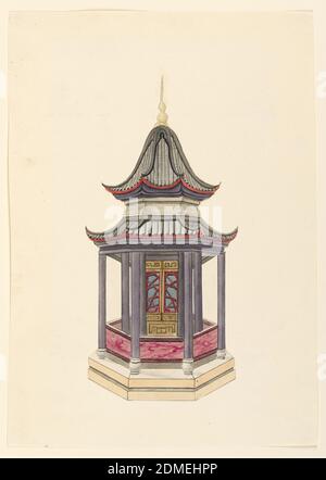 Design pour un pavillon chinois, Frederick Crace, anglais, 1779–1859, pinceau et aquarelle, stylo et encre sur papier, rectangle vertical. Un bâtiment hexagonal debout sur un podium, des colonnes soutenant le toit de pagode à deux niveaux. Une étroite véranda ouverte entoure la crique intérieure fermée de la structure. Autour du porche une balustrade avec une décoration marbleisée., l'album original associé à cette collection existe toujours. Voir 1948-40-1 accessoire, Angleterre, 1815–22, architecture, dessin Banque D'Images