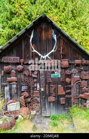 October 04, 2020 - Sandon, British Columbia, Canada: A collection of old  ruested relics from the past in the ghost town of Sandon, British Columbia, Stock Photo