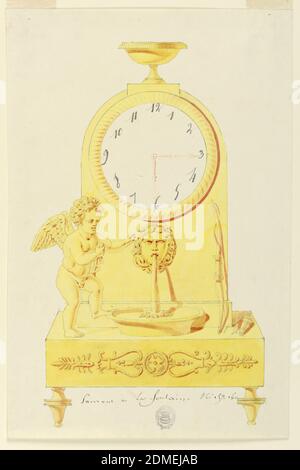 Design pour horloge, Lefebvre Manufactory, Tournai, Brush et aquarelle jaune et rouge, lavage noir, graphite, sur papier crème, horloge est assise sur pied, panneau inférieur décoré de motifs de palmette. À gauche, une cupide aidée regarde un masque de Medusa qui jaillie de l'eau dans un bassin. Un quiver se trouve à côté du bassin. Ci-dessus, un cadran avec un bol à pieds en haut., Belgique, 1800–1825, appareils de mesure et horlogerie, dessin Banque D'Images