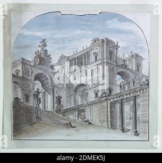 Conception de scène: Palace Architecture, stylo et encre noire, pinceau et marron, gris, lavage bleu, craie noire sur papier blanc, Design pour un ensemble de scène. Vue d'un palais depuis l'angle gauche et depuis le dessous. Un large chemin mène aux escaliers et à l'arche. Bordure courbée et réglée au sommet., Italie, 1750–99, théâtre, dessin Banque D'Images