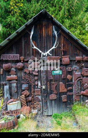 October 04, 2020 - Sandon, British Columbia, Canada: A collection of old  ruested relics from the past in the ghost town of Sandon, British Columbia, Stock Photo