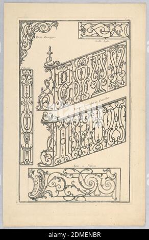 Plaque 94 de divers dessins de balcons à plusieurs usages (variété de dessins de balcon), Claude René Gabriel Poulleau, Français, n.1749, Jacques Chéreau, Français, 1688–1776, gravure sur papier, UNE variété de dessins pour le travail à la mer, y compris pilastres, panneaux de porte et balcons., France, 1757–1776, travail des métaux, impression Banque D'Images