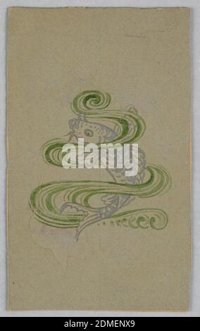 Design pour une couverture de livre, Alice Cordelia Morse, américaine, 1863–1961, pinceau et gouache, peinture argentée sur papier, sur sol vert, vagues et tourbillons en vert autour d'un poisson peint en argent., Etats-Unis, ca. 1891, conception graphique, dessin Banque D'Images